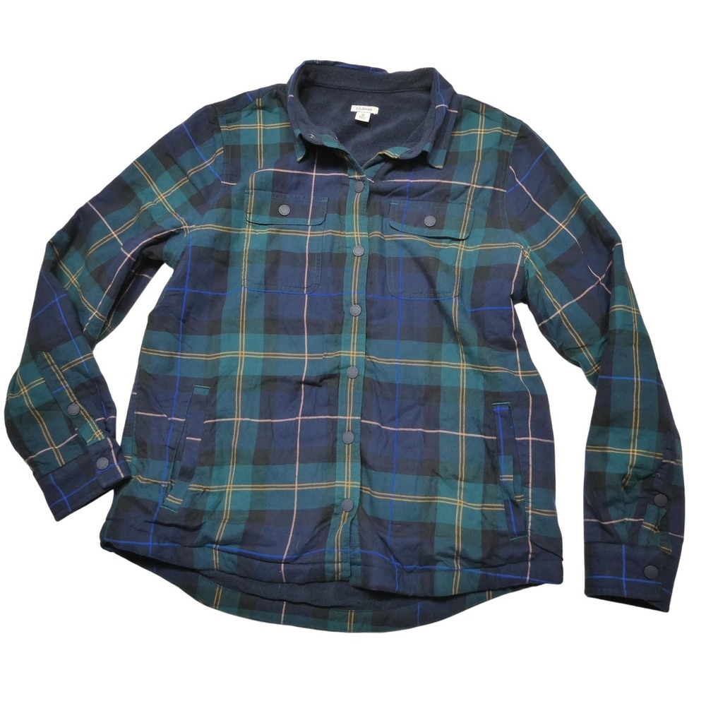 L.L. Bean Jacket Womens M Green Plaid Fleece Lined Snap Shirt Flannel Shacket